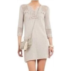 BCBG MaxAzria Tan Crochet 3/4 Sleeve Unlined Dress Boho Beachy